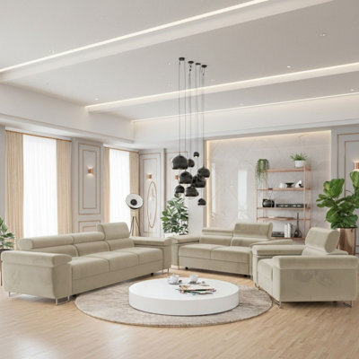 Torezio 3 2 1 Living Room Sofa Set Chipboard Frame Hr Foam Wavy Spring Wooden Frame Adjustable Headrests Cream - image 1