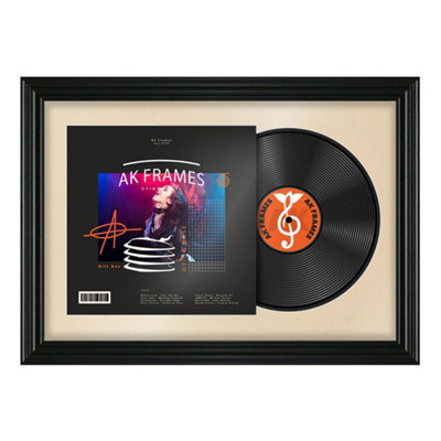 "AK Frames 25X17"" Black Swept Vinyl Record Frame With Ivory Mount For 12 Inch Lp Cover & Disc - Overlapped Design" - image 1