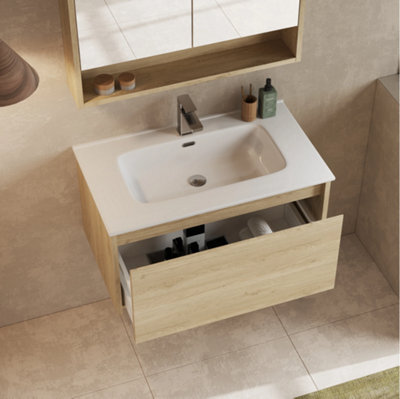 Banyetti Mino 800mm Wall Hung Vanity Unit With Athena Basin - Natural Oak - image 1