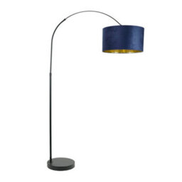 Valuelights Louis Black Arched Floor Lamp With Navy Blue Velvet Drum Metallic Gold Inner Shade - thumbnail 2