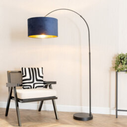 Valuelights Louis Black Arched Floor Lamp With Navy Blue Velvet Drum Metallic Gold Inner Shade