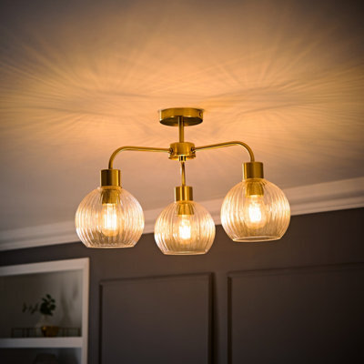 Valuelights Maddison Clear Ribbed Glass Globe Brushed Gold 3 Arm Ceiling Light & Filament Bulbs - image 1