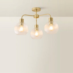 Valuelights Maddison Clear Ribbed Glass Globe Brushed Gold 3 Arm Ceiling Light & Filament Bulbs - thumbnail 3