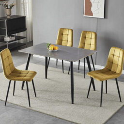 Urbn-Living Urbnliving 5Pcs Armani Grey Modern Ceramic Top Dining Table & Yellow Plush Velvet Chairs With Metal Legs