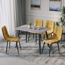 Urbn-Living Urbnliving 5Pcs Armani Grey Modern Ceramic Top Dining Table & Yellow Plush Velvet Chairs With Metal Legs - thumbnail 2