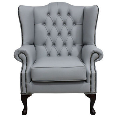Chesterfield High Back Wing Chair Shelly Silver Grey Leather Bespoke In Mallory Style - image 1
