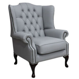 Chesterfield High Back Wing Chair Shelly Silver Grey Leather Bespoke In Mallory Style - thumbnail 2
