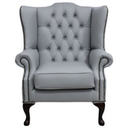 Chesterfield High Back Wing Chair Shelly Silver Grey Leather Bespoke In Mallory Style - thumbnail 1