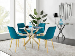 Furniturebox Uk 4 Seater Dining Set - Novara 100Cm Gold Round Glass Dining Table And Chairs - 4 Blue Velvet Pesaro Gold Chairs - thumbnail 1
