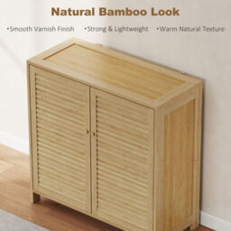 80 X 35 X 80 Cm Bamboo Shoe Cabinet With Louvered Doors, 18 Pairs Footwear Cupboard For Hallway - thumbnail 1