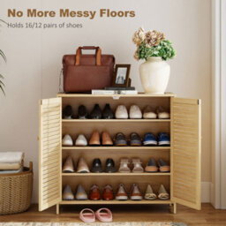 80 X 35 X 80 Cm Bamboo Shoe Cabinet With Louvered Doors, 18 Pairs Footwear Cupboard For Hallway - thumbnail 4