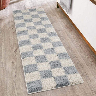 Chester Living Room Shaggy Area Rug Modern - Contemporary Checkered Design - Hallway Runner Indoor Rug Duck Egg Blue 60X220 Cm - image 1