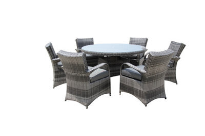 Furniture One Rattan Effect Grey Round 6 Seater Dining Set Table & Chair Set No Assembly & Aluminium Frame