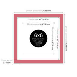 "6X6"" Pink Picture Frame - 6X6"" Square Frame With 5X5"" Mount For 6X6""/5X5"" Pictures Moderrn Style Thin Edge, 1 Pack" - thumbnail 2