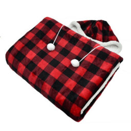 Ehc Check Design Super Soft Warm Sherpa Fleece Wearable Hooded Blanket Throw -130 X 180 Cm , Red & Black - thumbnail 2