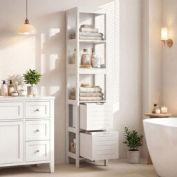 Gainoom Tall Bathroom Storage Cabinet White Narrow Freestanding Floor Cabinet Slim Wooden Linen Tower - thumbnail 3
