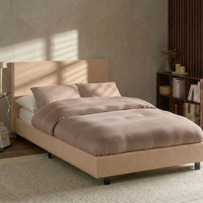 Wyld And Coco Beige Boucle Upholstered Slatted Bed Frame Small Double 4Ft - Wide Headboard, Black Legs - image 1