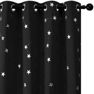 Deconovo Foil Printed Stars Blackout Curtains Eyelet Black W66 X L90 Inch 2 Panels