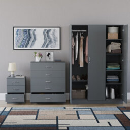 Lassic Vida Designs Riano 3 Piece Bedroom Set (3 Drawer Bedside Chest, 5 Drawer Chest, 3 Door Wardrobe), Grey - thumbnail 2