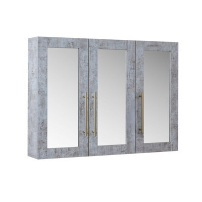 Homestylestore 900 X 650mm Concrete Grey Wall Mounted Mirrored Door Bathroom Cabinet And Brushed Brass T Bar Handles - image 1