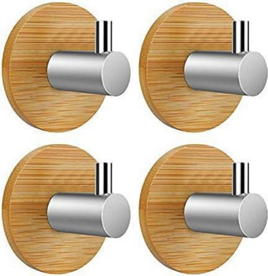 4 Pack Adhesive Hooks (Bamboo And Stainless Steel, Round) Wall Hooks Self, Bathroom Kitchen Office Door - image 1