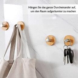 4 Pack Adhesive Hooks (Bamboo And Stainless Steel, Round) Wall Hooks Self, Bathroom Kitchen Office Door - thumbnail 4