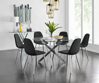 Furniturebox Uk Novara Chrome Metal And Glass Large Round Dining Table And 6 Black Corona Silver Chairs Set - image 1