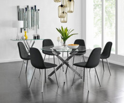 Furniturebox Uk Novara Chrome Metal And Glass Large Round Dining Table And 6 Black Corona Silver Chairs Set - thumbnail 1