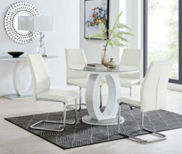 Furniturebox Giovani Round 4 Seat 100Cm White High Gloss Unique Halo Base Grey Glass Top Dining Table 4 White Faux Leather Lorenzo Chairs - thumbnail 1