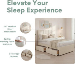 "4Ft6 Luxury Cream Plush Divan Double Bed Frame With Mattress, 20"" Vertical Line Headboard, Bed With 2 Storage Drawers" - thumbnail 3