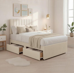 "4Ft6 Luxury Cream Plush Divan Double Bed Frame With Mattress, 20"" Vertical Line Headboard, Bed With 2 Storage Drawers" - thumbnail 1