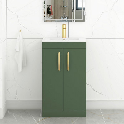 Royal Bathrooms Turin 500mm Floor Standing Vanity Sink Unit Matt Green 2 Door Minimalist Basin With Brushed Brass Handles - image 1