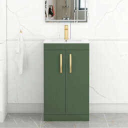 Royal Bathrooms Turin 500mm Floor Standing Vanity Sink Unit Matt Green 2 Door Minimalist Basin With Brushed Brass Handles - thumbnail 1