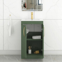 Royal Bathrooms Turin 500mm Floor Standing Vanity Sink Unit Matt Green 2 Door Minimalist Basin With Brushed Brass Handles - thumbnail 5