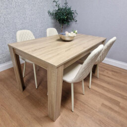 Kosy Koala Oak Effect Wood Dining Table With 4 Cream Gem Pattern Faux Leather Chairs