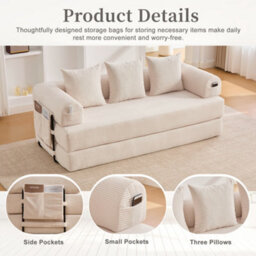 Abrihome Foldable Compressible Sofa With Sturdy Metal Frame, Perfect For Small Spaces - Modern Fabric & Metal, Beige - thumbnail 3