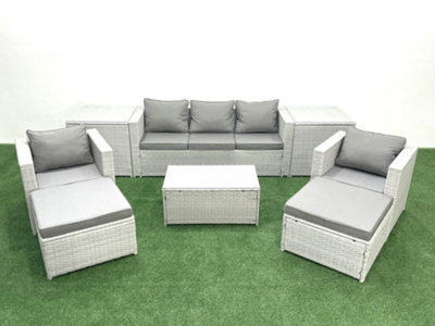 Fimous Rattan Garden Furniture Set 3 Seater Sofa 2 Chair Rectangular Coffee Table 2 Big Stools 2 Side Tables Light Grey - image 1