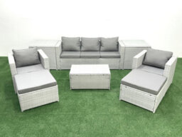 Fimous Rattan Garden Furniture Set 3 Seater Sofa 2 Chair Rectangular Coffee Table 2 Big Stools 2 Side Tables Light Grey - thumbnail 2