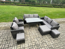 Fimous Outdoor Garden Patio Furniture Wicker Rattan Oblong Dining Table And Lounge Sofa Set With Adjustable Chair 3 Footstool - thumbnail 2