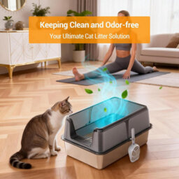 London Boutique Grey Stainless Steel Cat Litter Tray With Lid And Scoop, Hooded High Sided Enclosed Cat Toilet, 60X40X31.5Cm - thumbnail 3