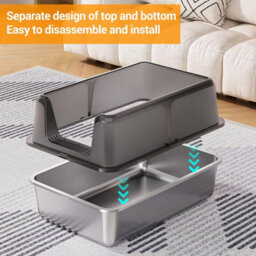 London Boutique Grey Stainless Steel Cat Litter Tray With Lid And Scoop, Hooded High Sided Enclosed Cat Toilet, 60X40X31.5Cm - thumbnail 4