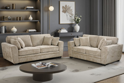 Beige Chenille Fabric 3 + 2 Seater Sofa Set For Living Room Bertie - image 1