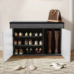 Grey & White Wood Ottoman Shoes Storage Rack Bench Padded Black Seat Cabinet Cupboard Stand - thumbnail 5