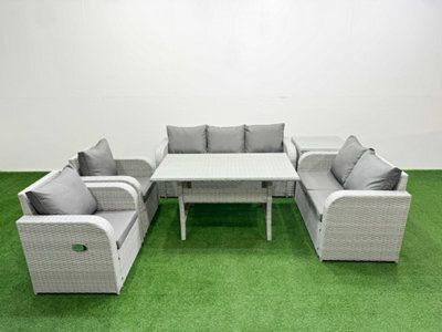 Fimous Pe Rattan Garden Furniture Set Reclining Chair Sofa Double Love Seat 2 Seater Sofa Lounge Set Side Table Light Grey - image 1