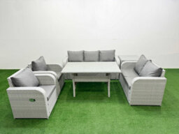 Fimous Pe Rattan Garden Furniture Set Reclining Chair Sofa Double Love Seat 2 Seater Sofa Lounge Set Side Table Light Grey - thumbnail 1