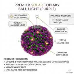 Coloured Solar Topiary Ball Light Purple 27Cm 20 Led Hanging Garden Outdoor Decorative Solar Lamp Weatherproof Garden Light - thumbnail 4