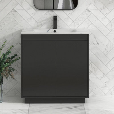 Royal Bathrooms Orion 800mm Matt Obsidian Black 2 Door Floor Standing Vanity Unit With Carrara White Basin & Black Accent Trim - image 1