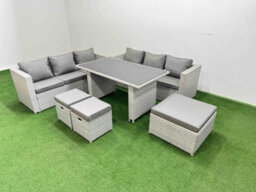 Fimous Rattan Garden Furniture Dining Set 9-Seater Patio Rectangular Table Sofa Set With 3 Stools Light Grey - thumbnail 2