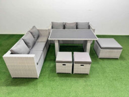 Fimous Rattan Garden Furniture Dining Set 9-Seater Patio Rectangular Table Sofa Set With 3 Stools Light Grey - thumbnail 1