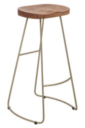 Orsina Luxe Bar Stool With Acacia Wood Seat, Wooden Kitchen Stool, Counter Seat With Iron Footrest, Silver Stool